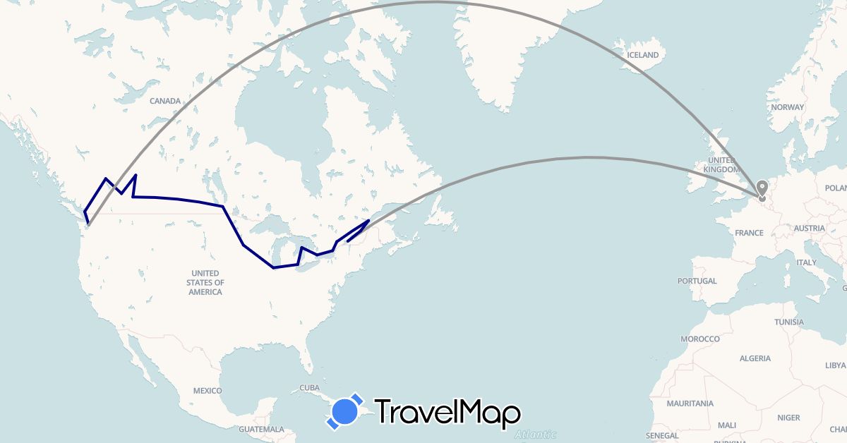 TravelMap itinerary: driving, plane in Belgium, Canada, United States (Europe, North America)