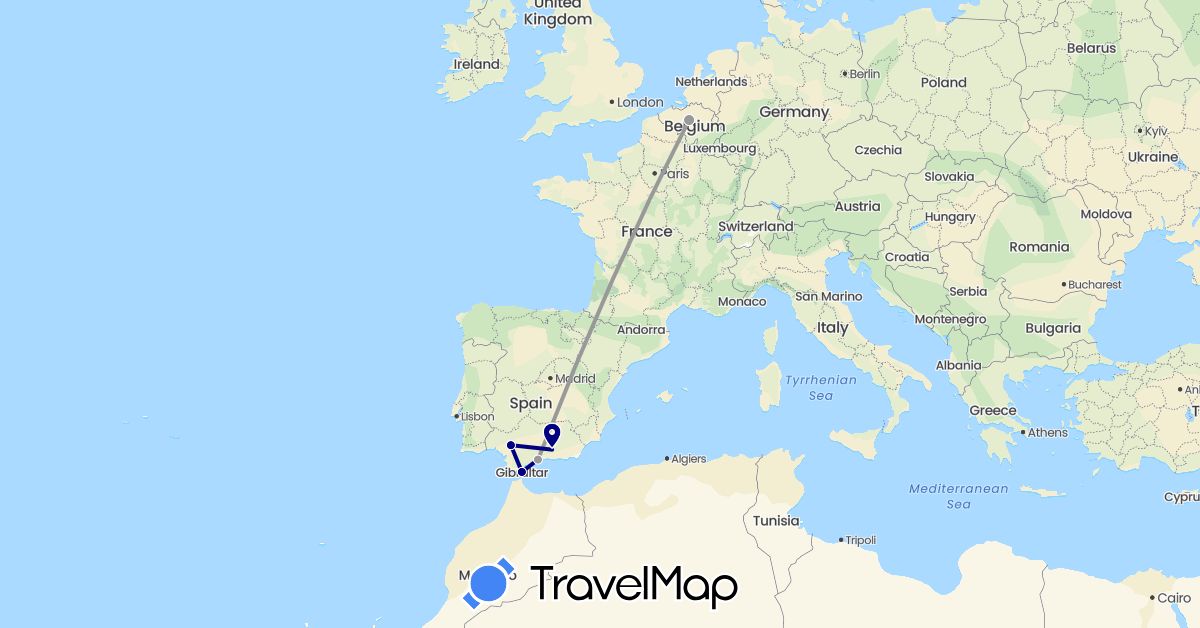 TravelMap itinerary: driving, plane in Belgium, Spain, Gibraltar (Europe)