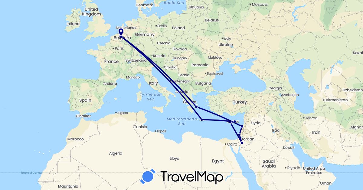 TravelMap itinerary: driving in Belgium, Cyprus, Greece, Israel, Jordan, Lebanon (Asia, Europe)